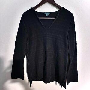 Lauren Ralph Lauren Black Textured V-Neck Long Sleeve Top – XL